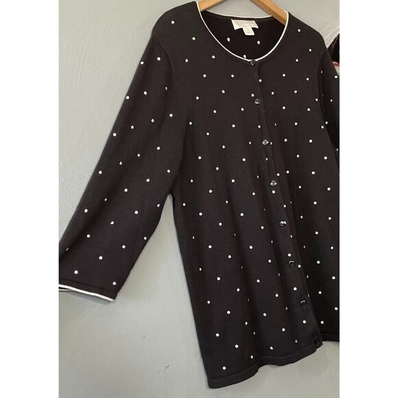 CJ Banks Plus Size 0X Black White Polka Dot Sweater Cardigan Preppy Old Money - Picture 2 of 7